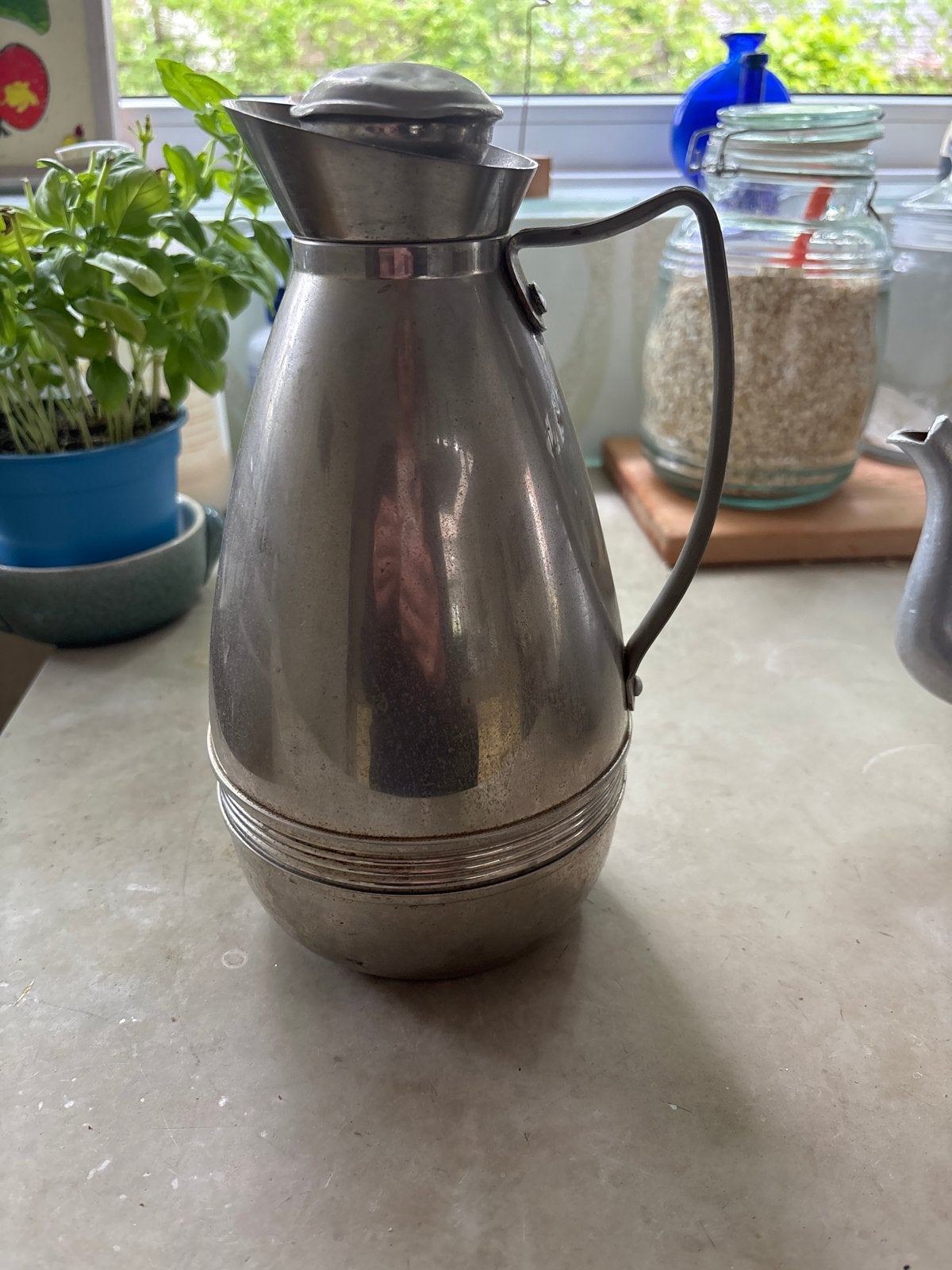 Vintage metalen thermoskan met glazen binnenwerk, Ophalen of Verzenden