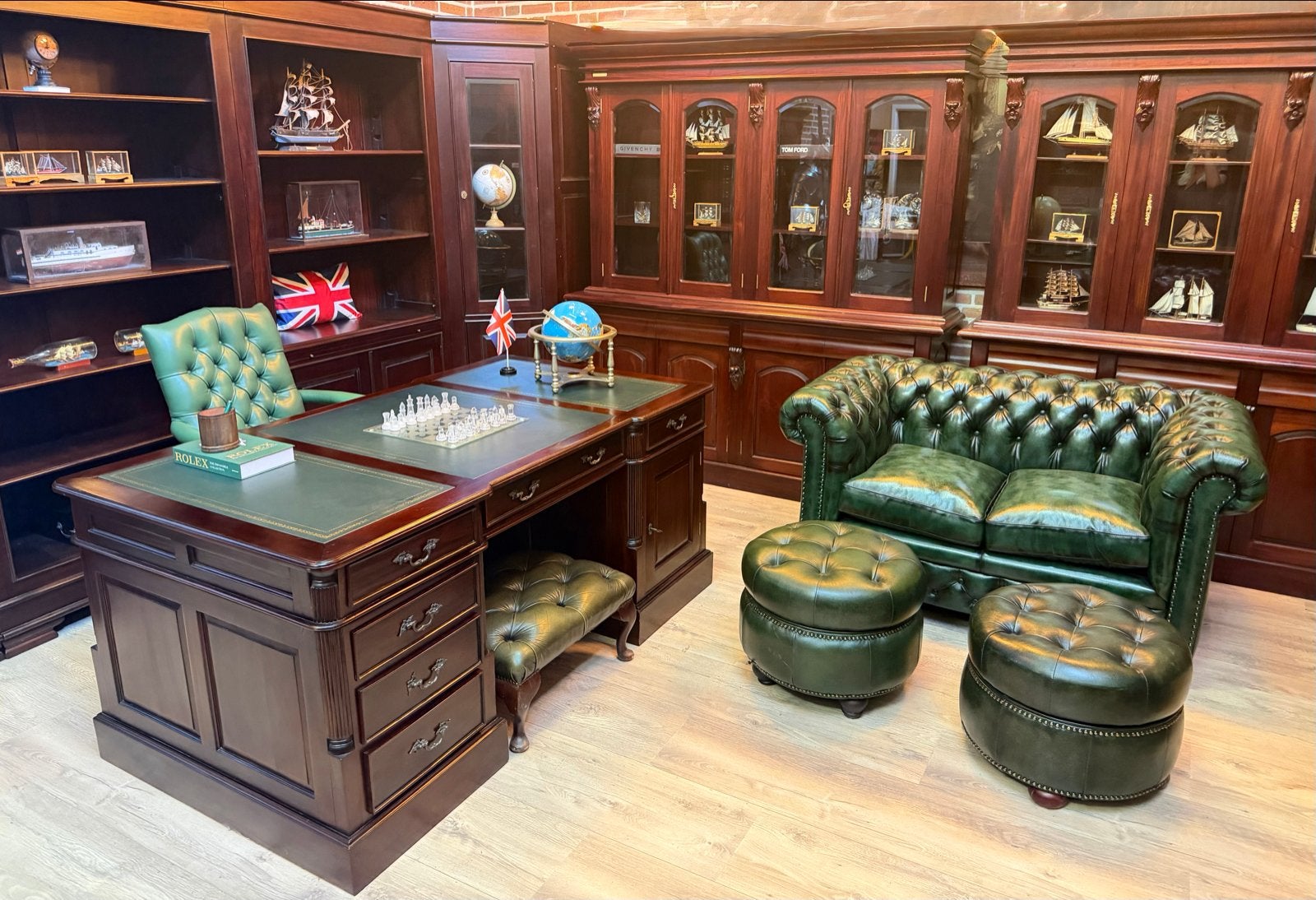 Origineel Chesterfield Engels Bureau Mahonie Groen Leer, Ophalen