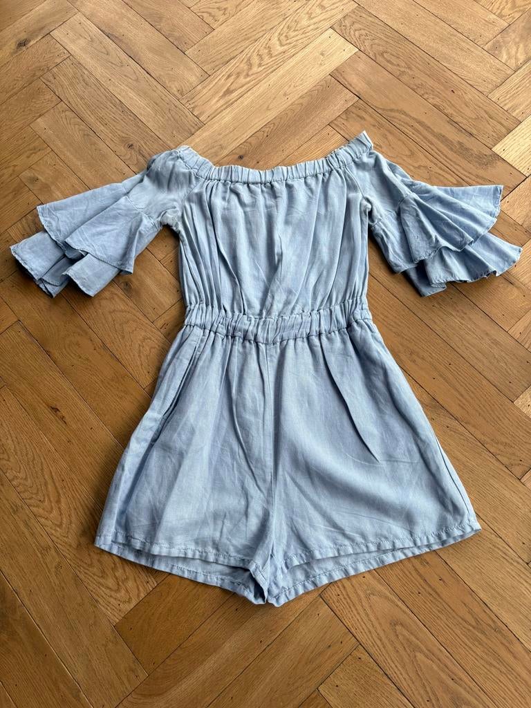 Zara Basic Playsuit Maat S - Lichtblauw met ruches, Ophalen of Verzenden, Zo goed als nieuw, Maat 36 (S), Blauw