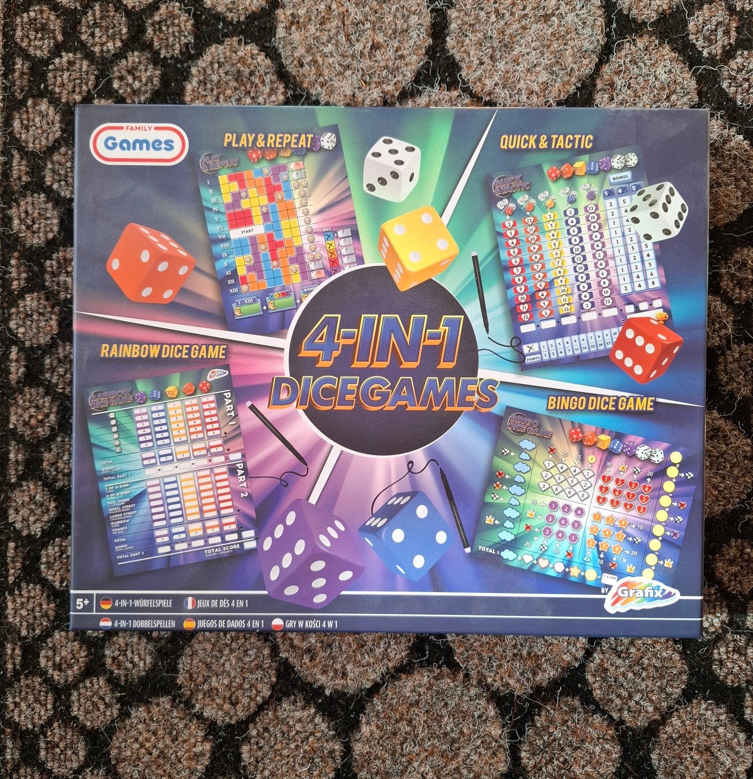 4-in-1 Dice Games - Nieuw dobbelspel voor het hele gezin, Drie of vier spelers, Ophalen, Nieuw, Grafix