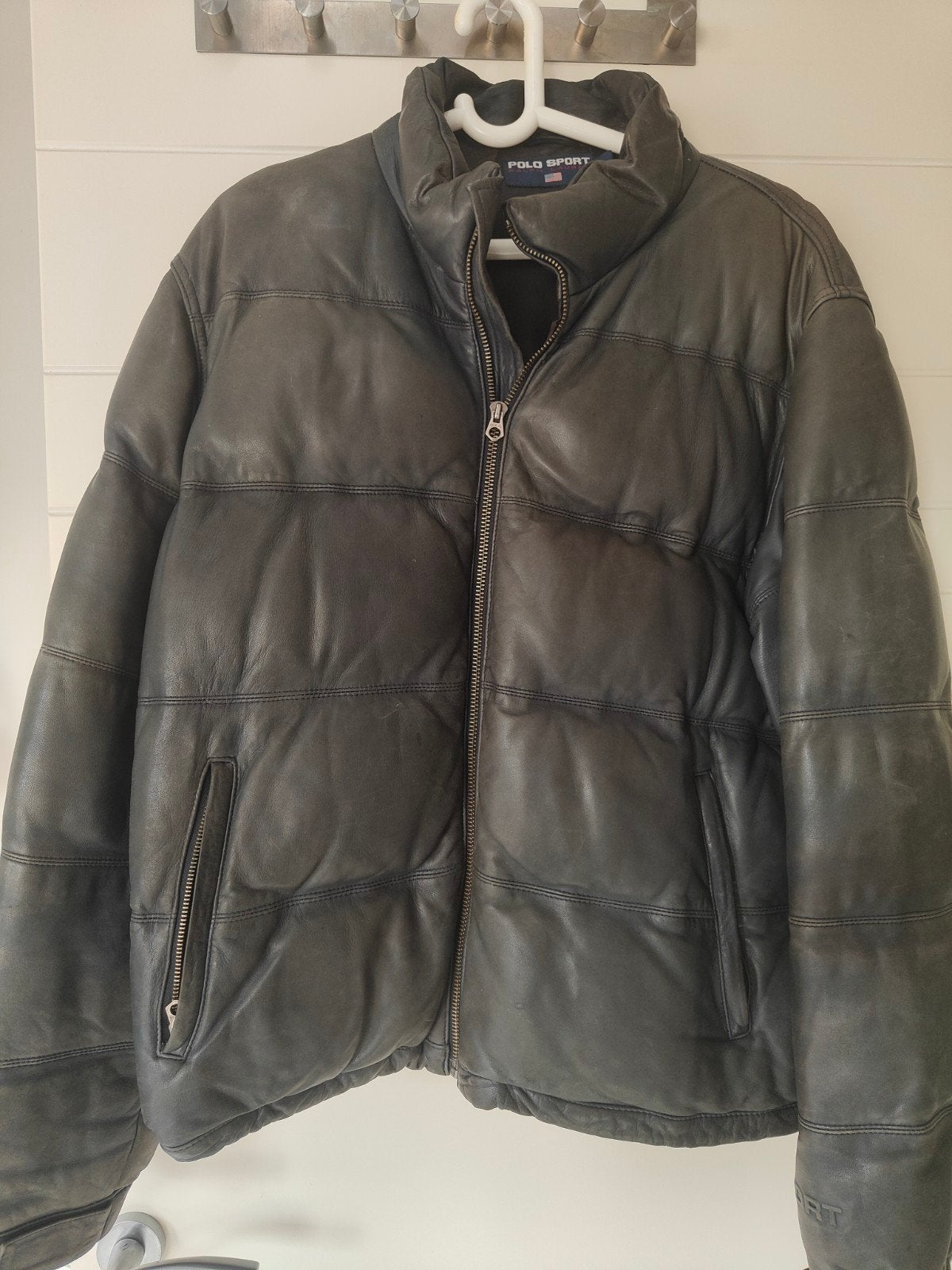 Vintage Heren Leren Donsjas Polo Sport Ralph Lauren Maat L, Maat 52/54 (L), Polo Sport Ralph Lauren, Zwart, Ophalen of Verzenden