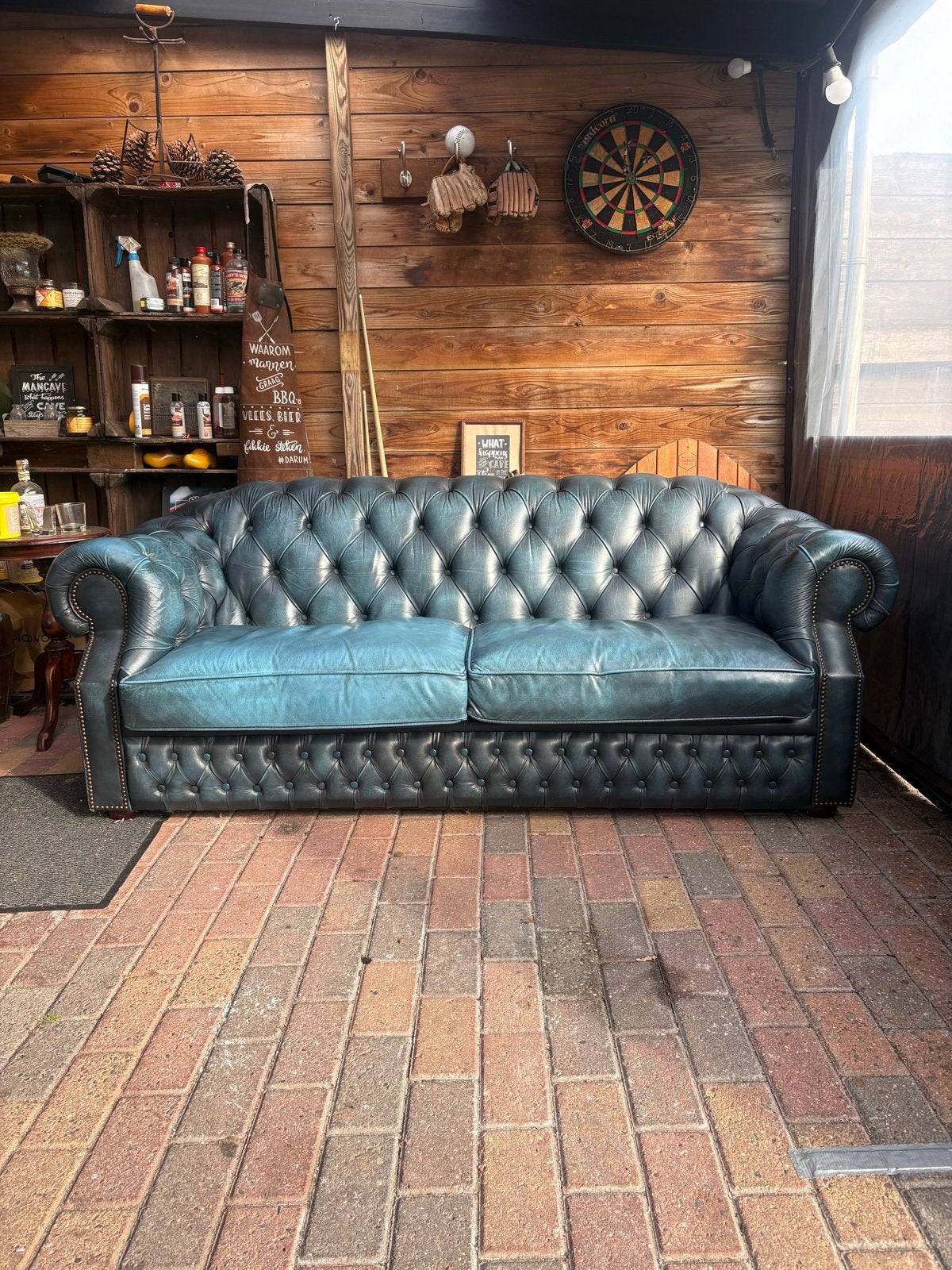 Leren Chesterfield bank - 3-zits - Vintage blauw, Huis en Inrichting, Ophalen, Gebruikt, 75 tot 100 cm, Leer