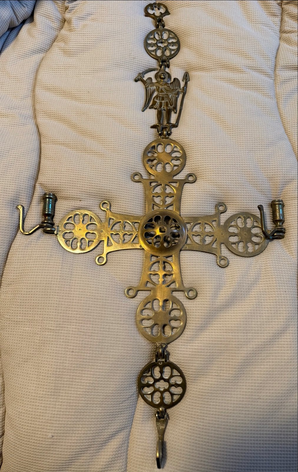 Antiek Koperen Kruis Engelfiguur en Kandelaars Byzantijnse, Antiek en Kunst, Antiek | Religie, Ophalen of Verzenden