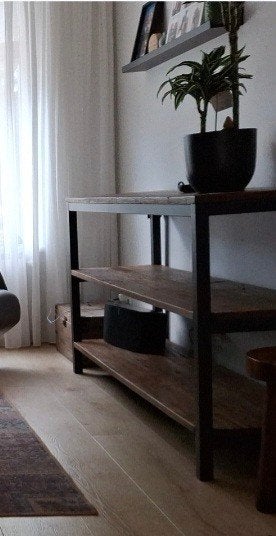 Industriële houten sidetable/wandtafel met metalen frame, Met plank(en), Gebruikt, 150 tot 200 cm, Industrieel