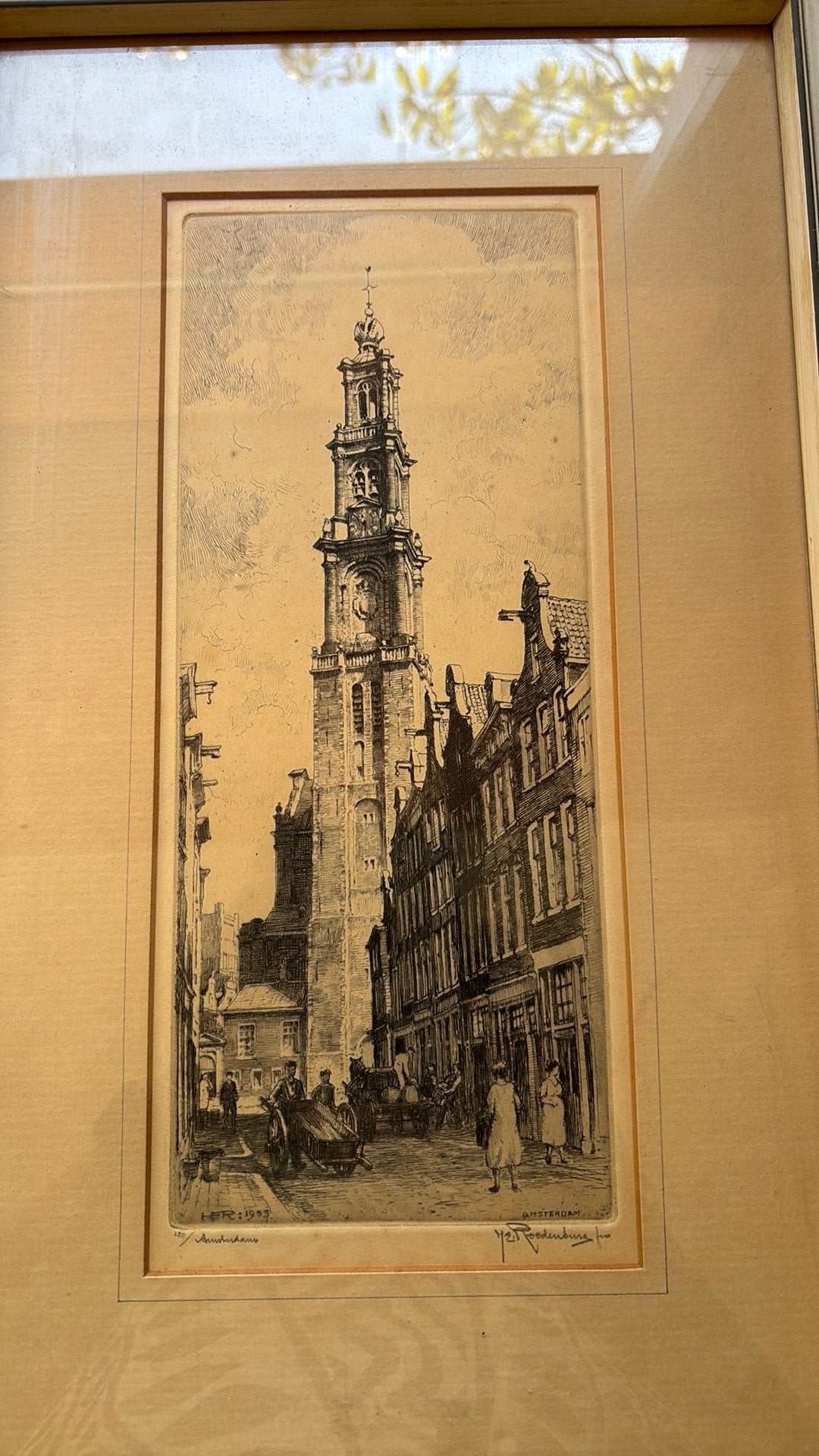 Ets Westertoren vanuit de Bloemstraat, Antiek en Kunst, Ophalen, Ets, Origineel