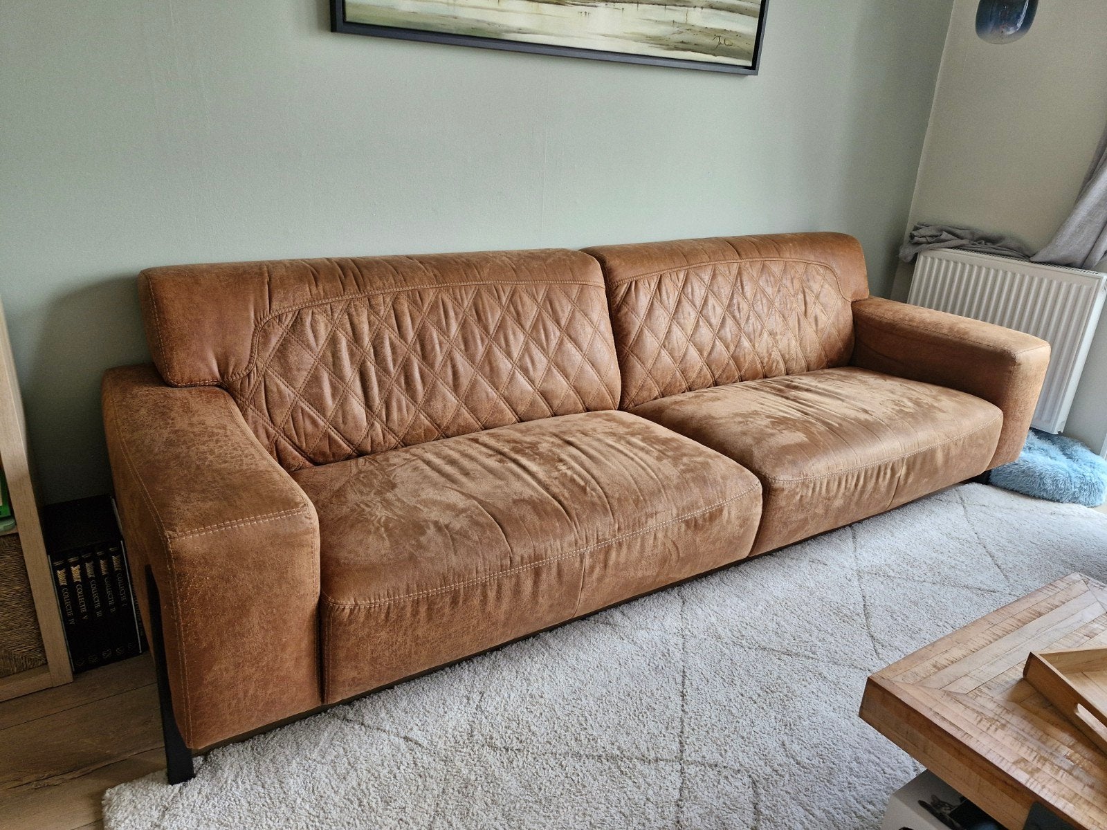 Comfortabele 3-zitsbank in cognacbruin leer, Ophalen, 250 tot 300 cm, Gebruikt, Modern, Industrieel