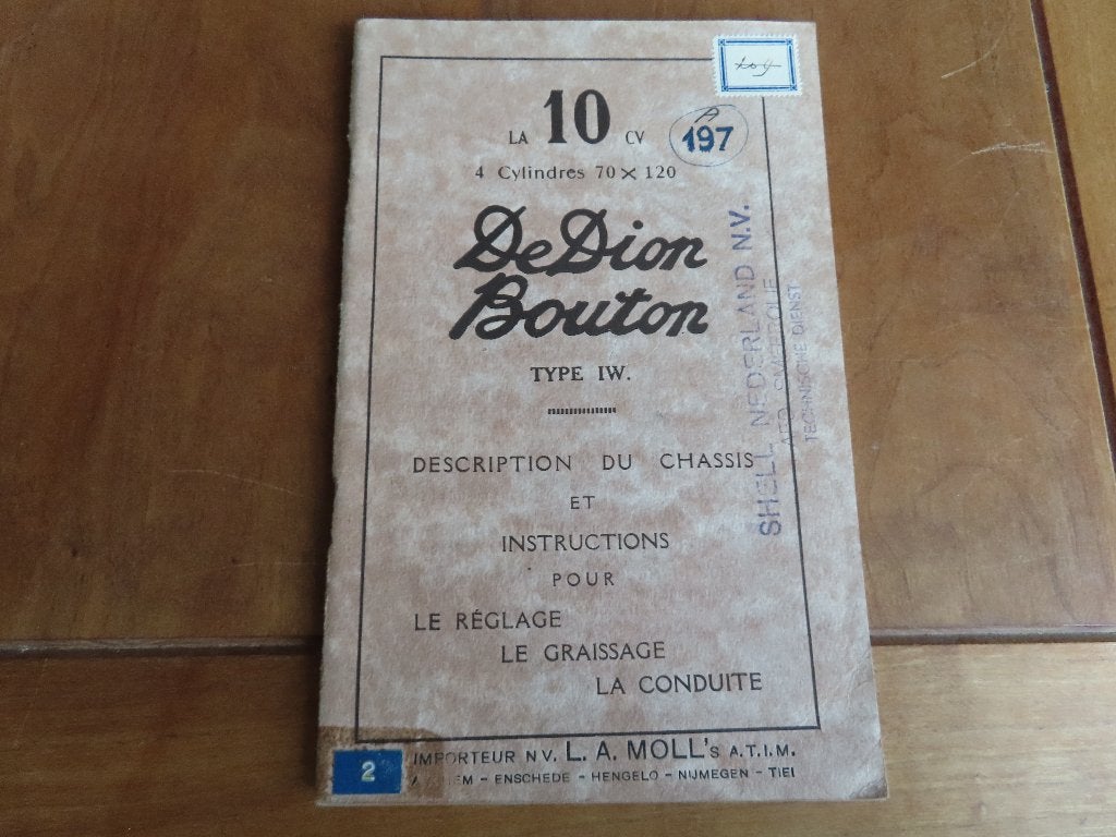 Instructieboek De Dion Bouton Type IW 4-cil. 1872 cc 1924-27, Ophalen of Verzenden