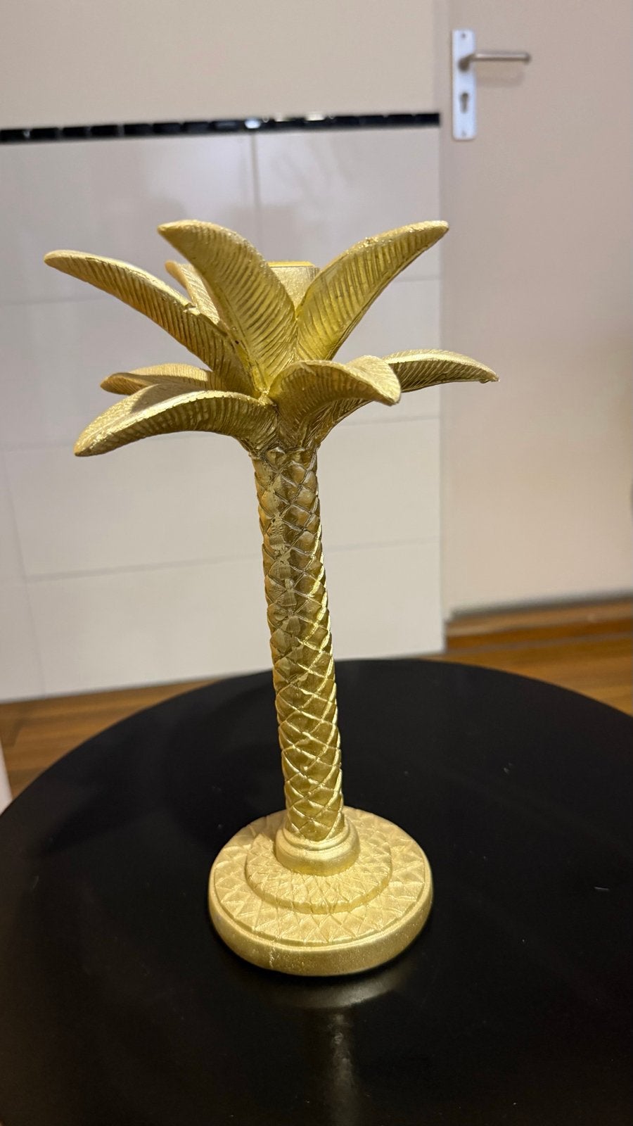 Gouden palmboom kandelaars en decoratieve aap, Gebruikt, Overige stijlen, Ophalen of Verzenden, Goud