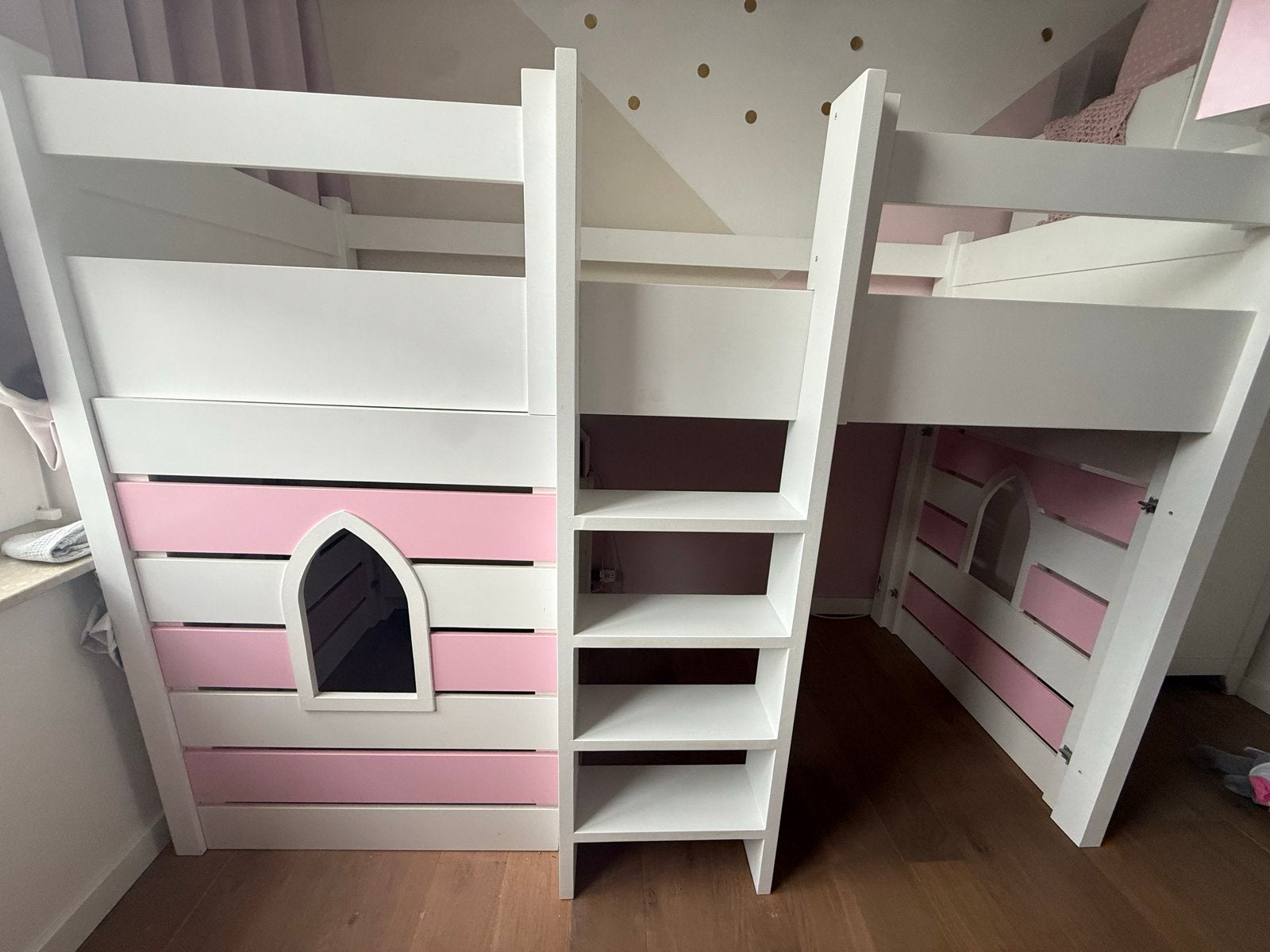 Kasteel hoogslaper met 2 torens, roze/wit, Ophalen, Gebruikt, Eenpersoons, Minder dan 160 cm