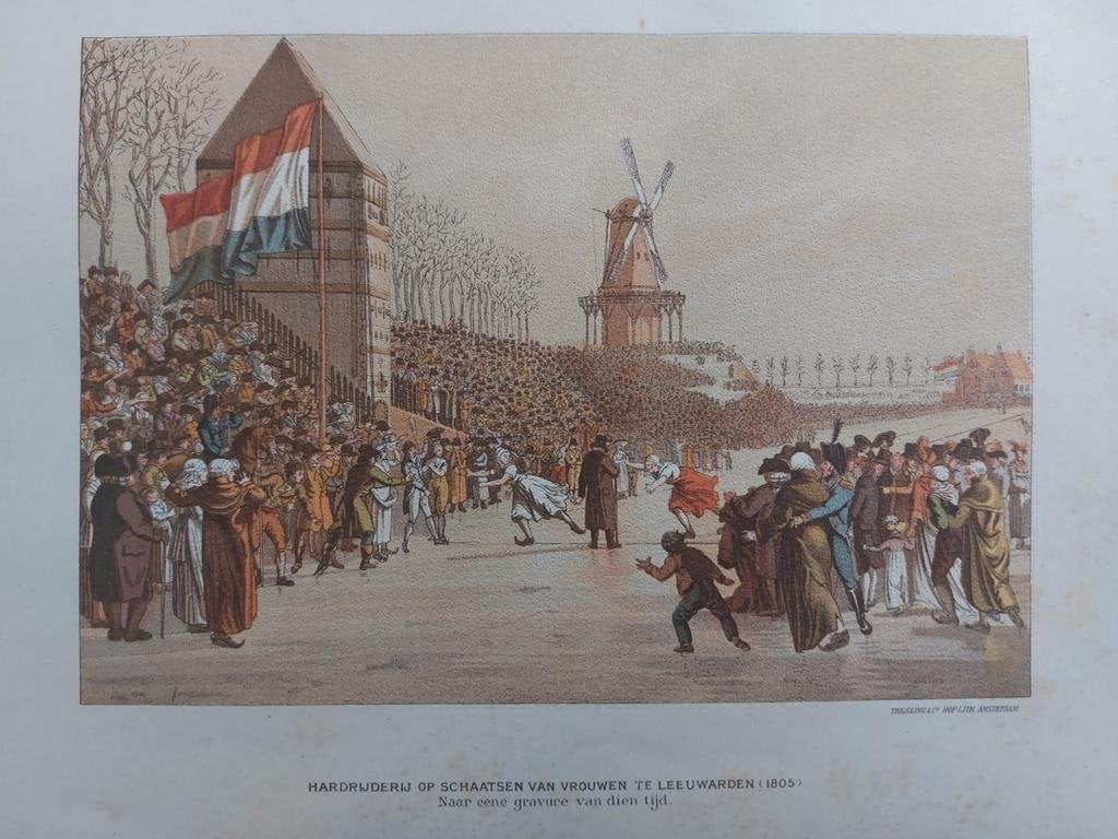 17 / Chromo litho 1910 Schaatsen van vrouwen in Leeuwarden, Antiek en Kunst, Ophalen of Verzenden