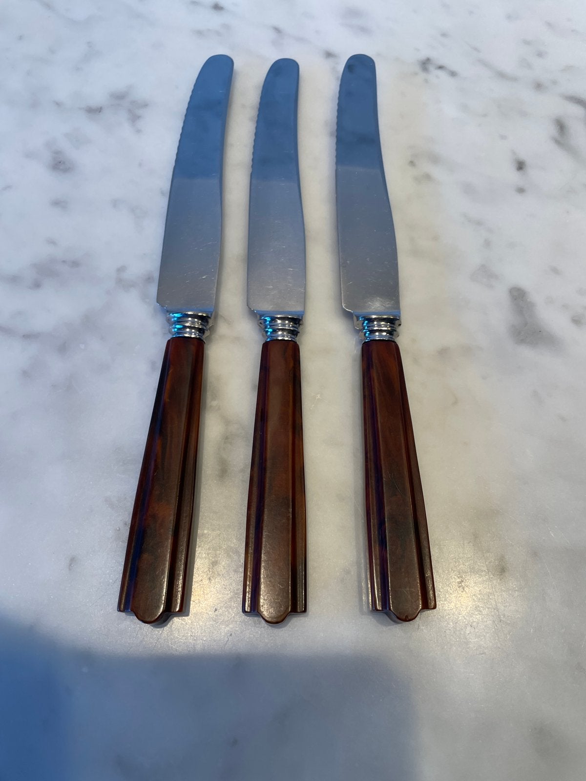 Set van 3 vintage roestvrijstalen messen met bruin handvat, Ophalen