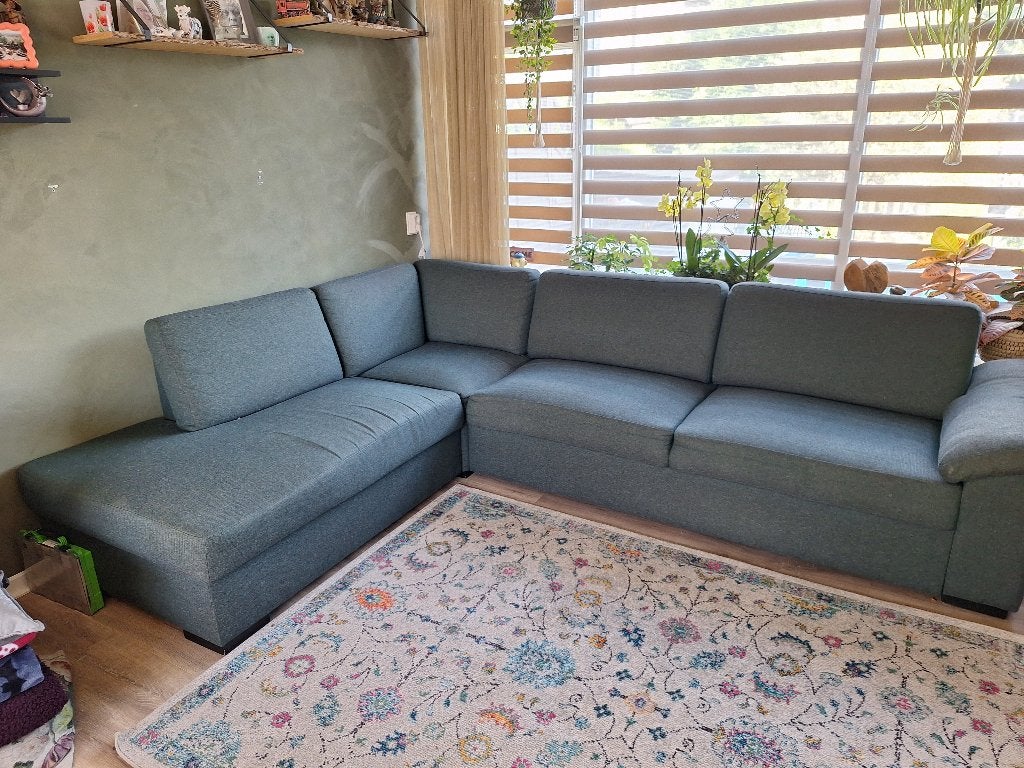 Groene hoekbank, Huis en Inrichting, Banken | Bankstellen, Ophalen, 250 tot 300 cm, Gebruikt, Hoekbank
