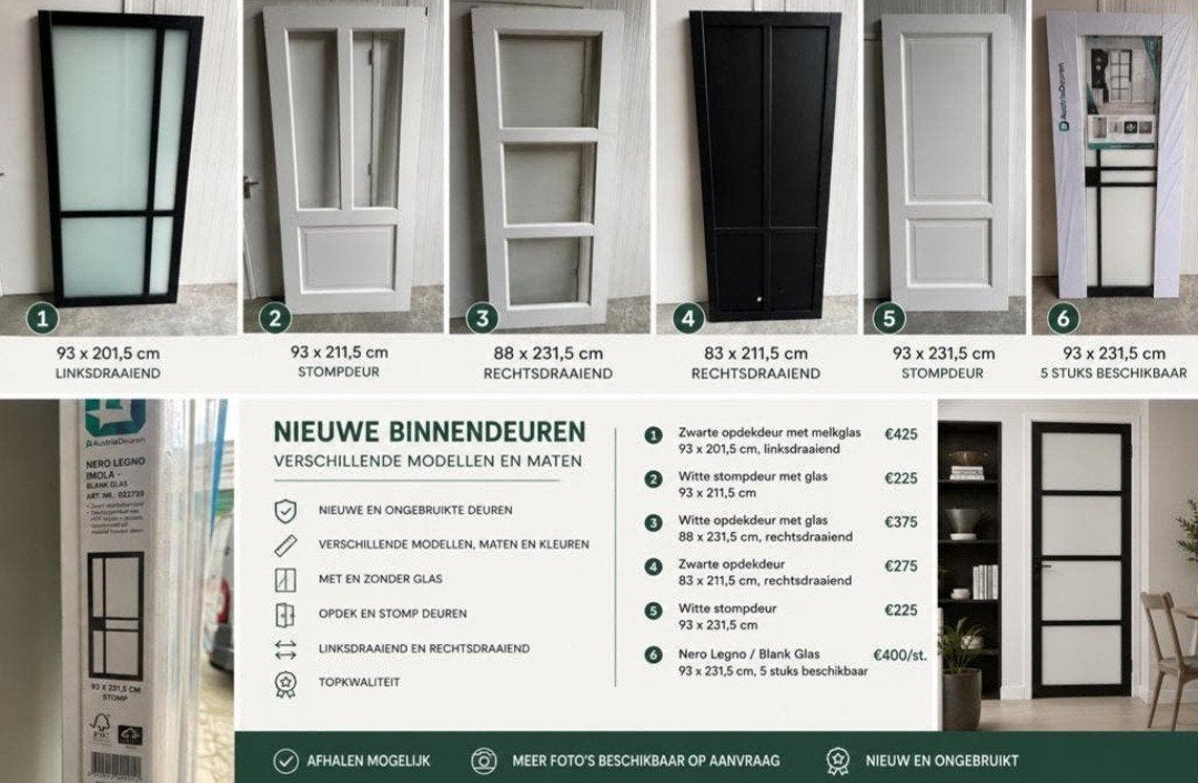 Mooie nieuwe binnendeuren verschillende soorten en maten, Doe-het-zelf en Verbouw, Deuren en Horren, Ophalen, 80 tot 100 cm, Binnendeur
