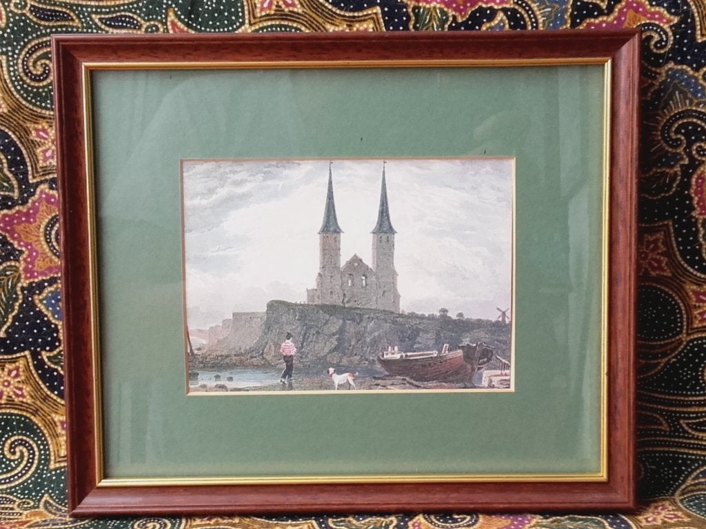 Reculver towers mooie antieke ingelijste prent uit Engeland., Antiek en Kunst, Kunst | Litho's en Zeefdrukken, Ingelijst, Ophalen of Verzenden