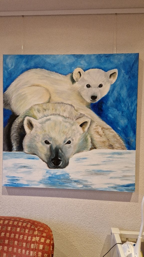 schilderij ijsbeer met jong acrylverf 1 x 1 mtr., Ophalen, Acrylverf, Doek, Realistisch