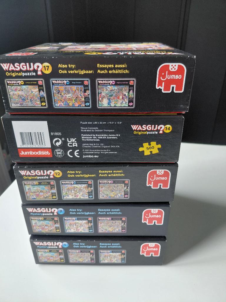 Wasgij puzzels 500 stukjes, nrs 1, 7,12,14 en 17, Ophalen, 500 t/m 1500 stukjes, Zo goed als nieuw