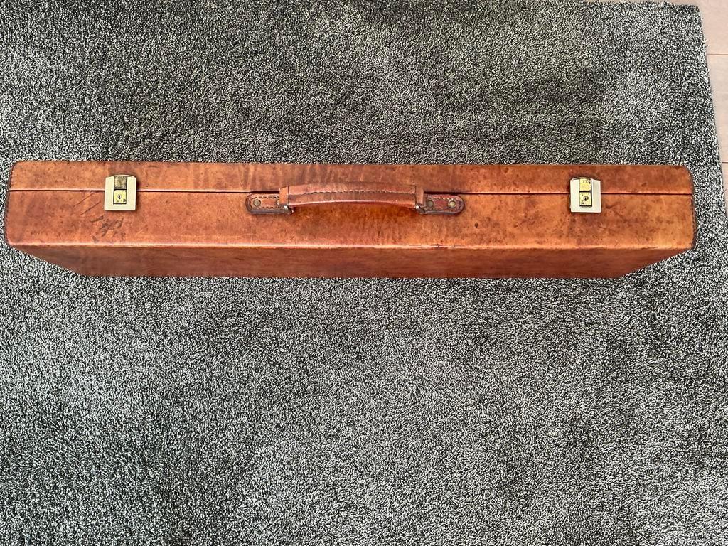 Vintage lederen geweerkoffer voor superposé jachtgeweer, Verzamelen, Ophalen of Verzenden, Gebruikt