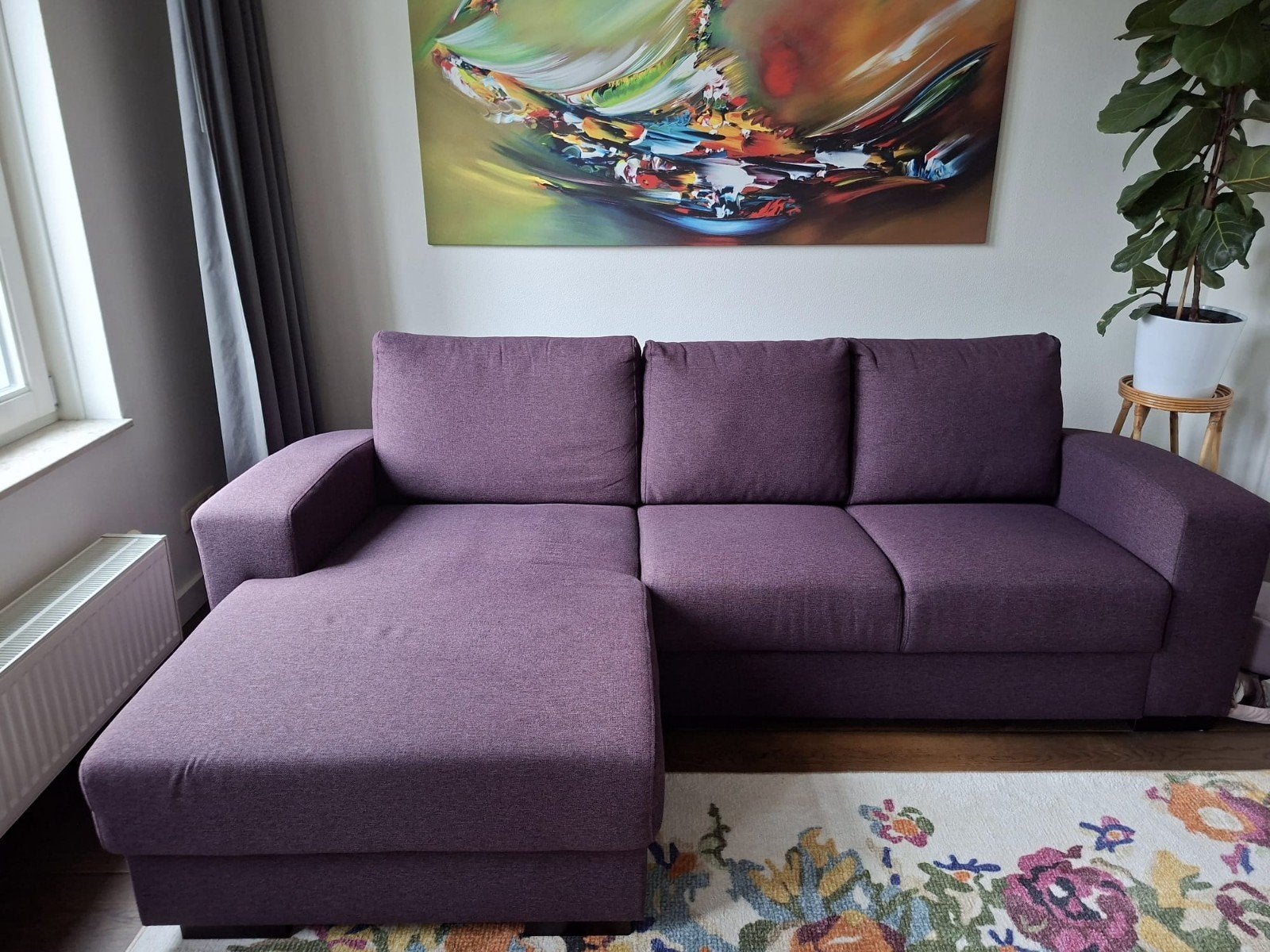 Paarse longchair bank - stevig en schoon, Ophalen, Gebruikt, 125 tot 150 cm, Hoekbank
