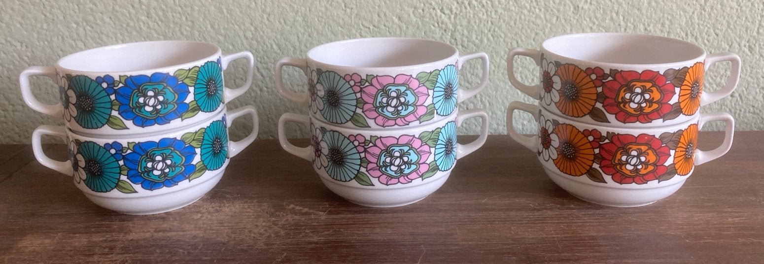 Vintage soepkommen met bloemmotief - 6 stuks, Huis en Inrichting, Ophalen, Overige materialen, Overige merken, Vintage
