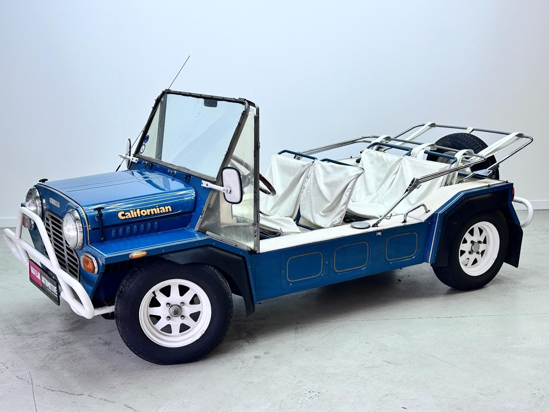 Mini Moke 2x Uniek Exemplaar / Top condition / Original, Auto's, Voorwielaandrijving, Gebruikt, Cabriolet, Blauw