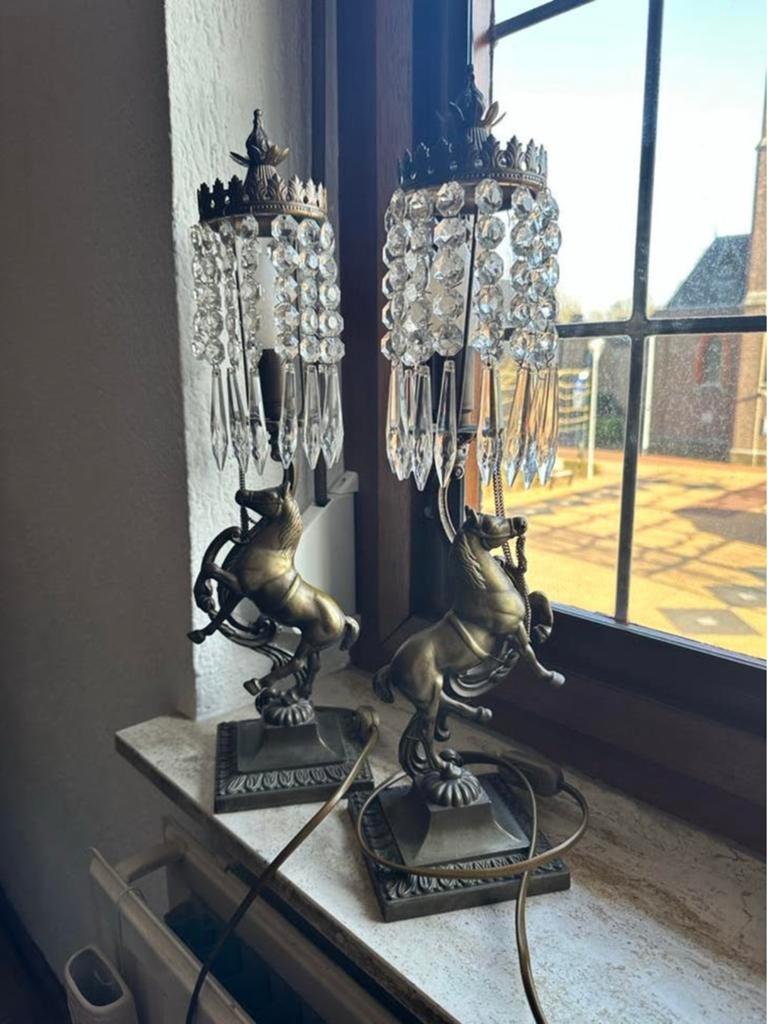Set van 2 bronzen paardenlampjes met kristallen, Antiek en Kunst, Ophalen