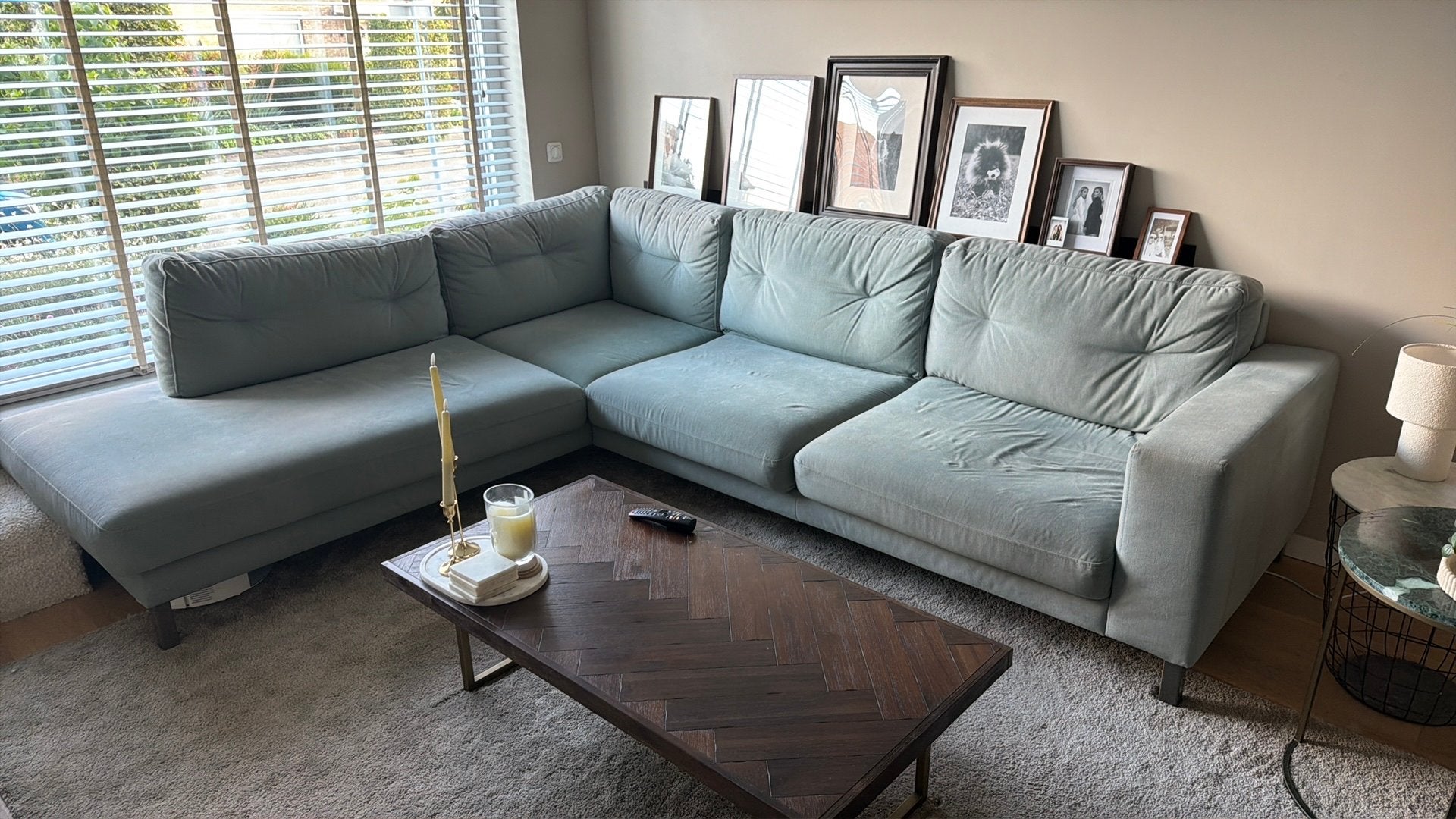 Grote hoekbank met chaise longue - Lichtblauw/Groen, Ophalen, Gebruikt, Stof