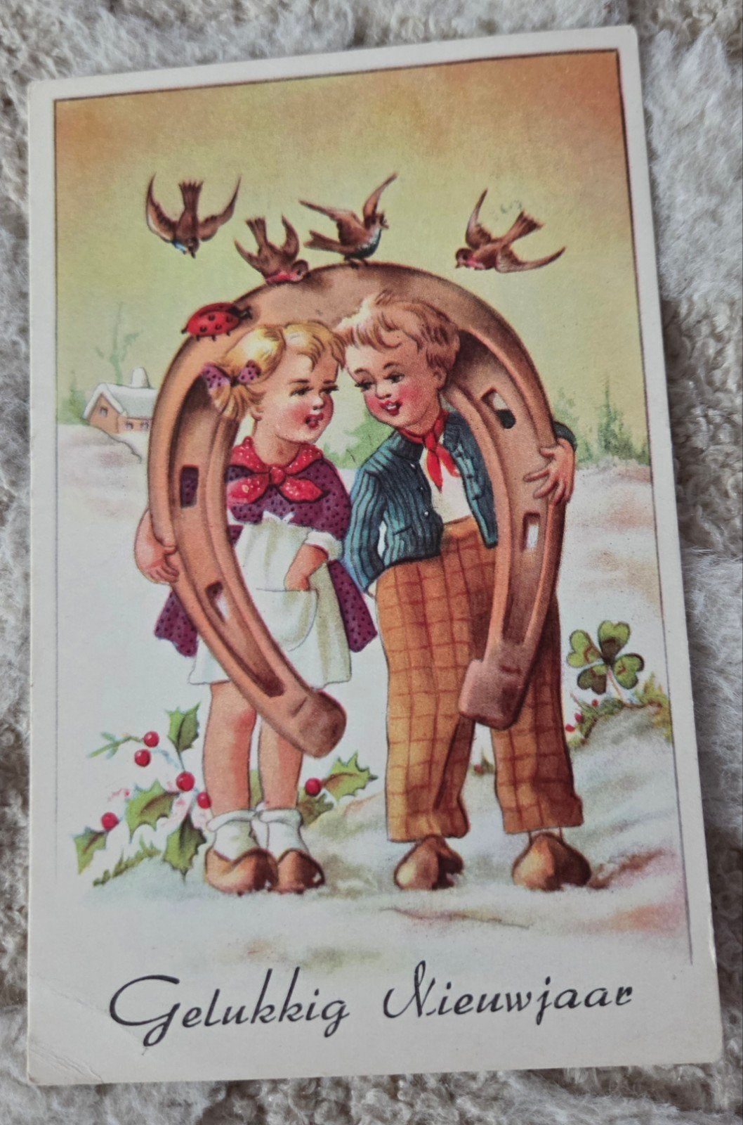 Gelukkig Nieuwjaar met kinderen en hoefi, Verzenden, 1940 tot 1960, Gelopen, Feest(dag)
