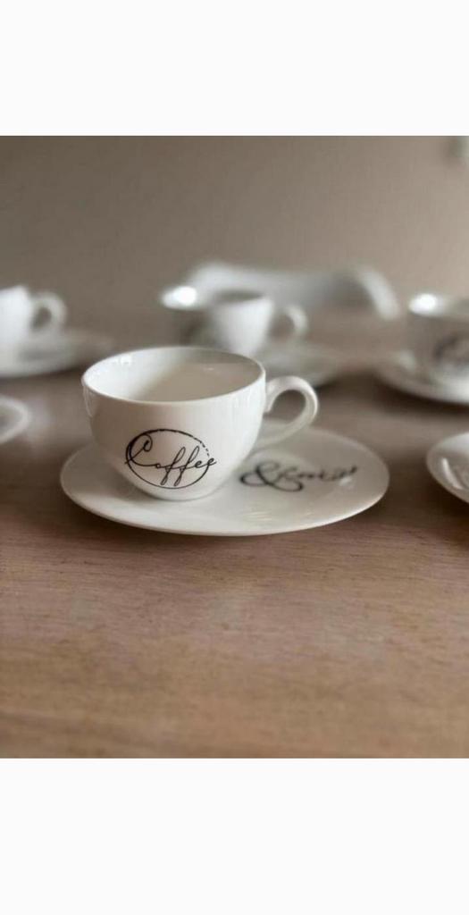 Riviera Maison Coffee & Cookies kop en schotel set 6x, Huis en Inrichting, Ophalen of Verzenden, Gebruikt, Overige stijlen, Kop(pen) en/of Schotel(s)