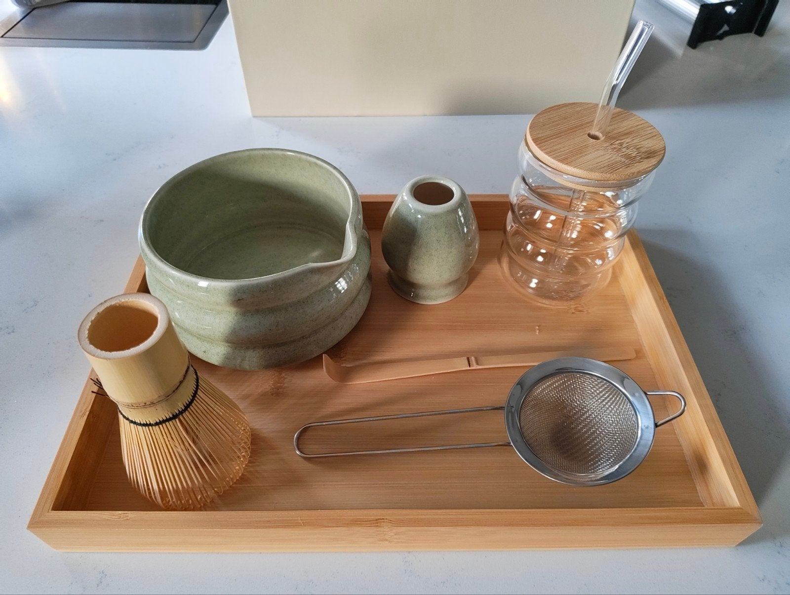 Luxe Matcha Thee Set Cadeaubox – Complete Set met Dienblad, Glas of Glazen, Nieuw, Ophalen of Verzenden, Glas