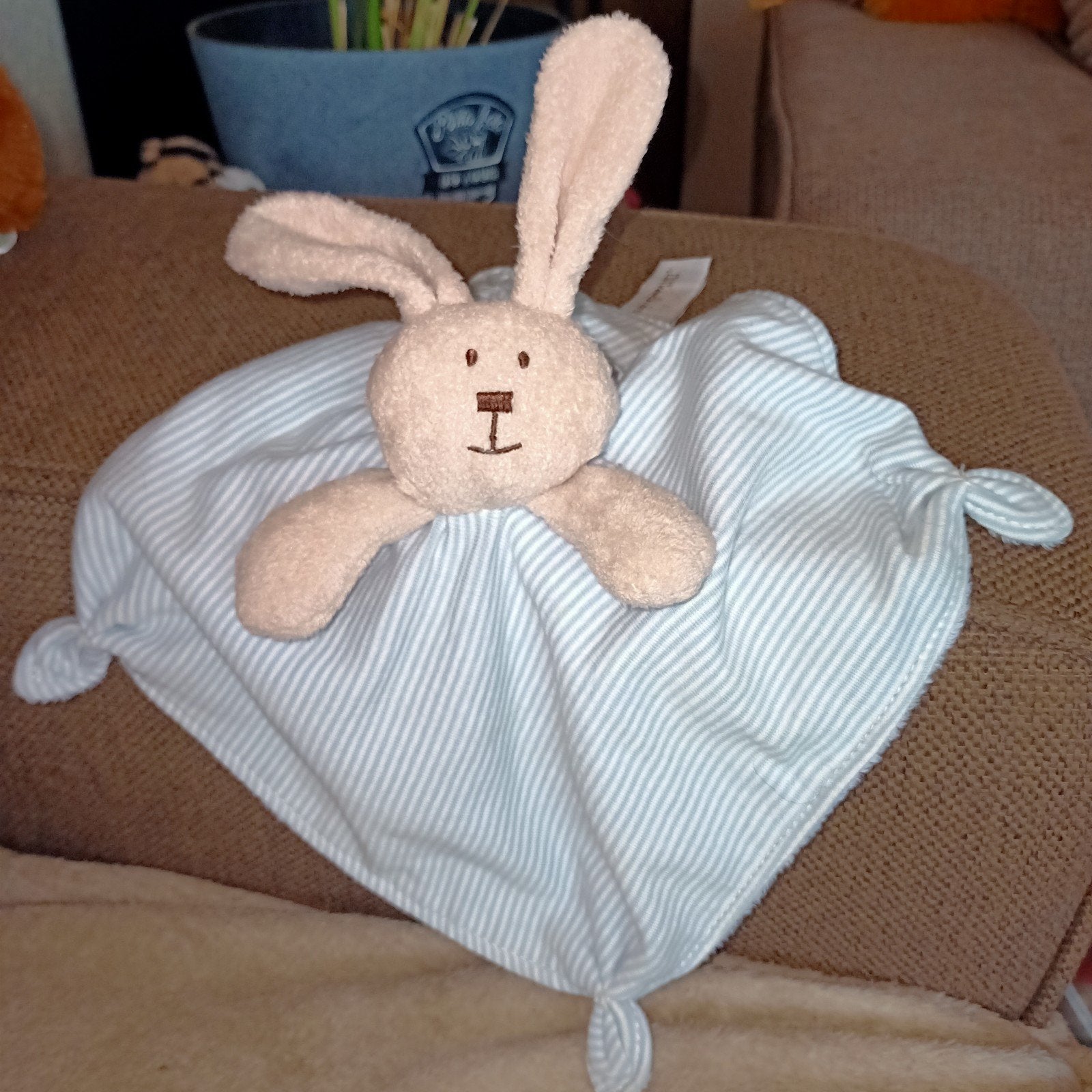 Teddykompaniet konijnenkop kroeldoek, blauw wit beige., Kinderen en Baby's, Speelgoed | Knuffels en Pluche, Overige merken, Blauw