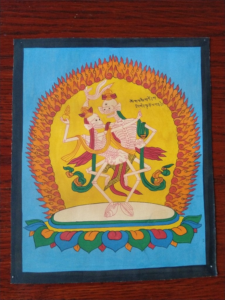 Tibetaanse Thangka Schilderij - Dansende Skeletten, Antiek en Kunst, Ophalen of Verzenden