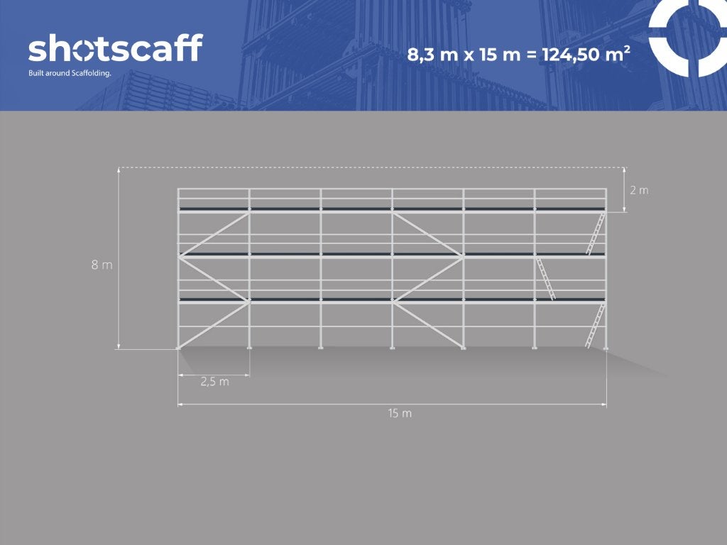 Stalen steiger Plettac | 120 m² | Houten vloer, Doe-het-zelf en Verbouw, Steigers, Verzenden, Nieuw, Gevelsteiger, 5 meter of hoger