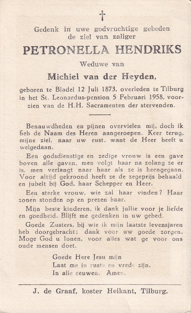 Hendriks Petronella 1873 Bladel 1958 Tilburg, Ophalen of Verzenden, Bidprentje