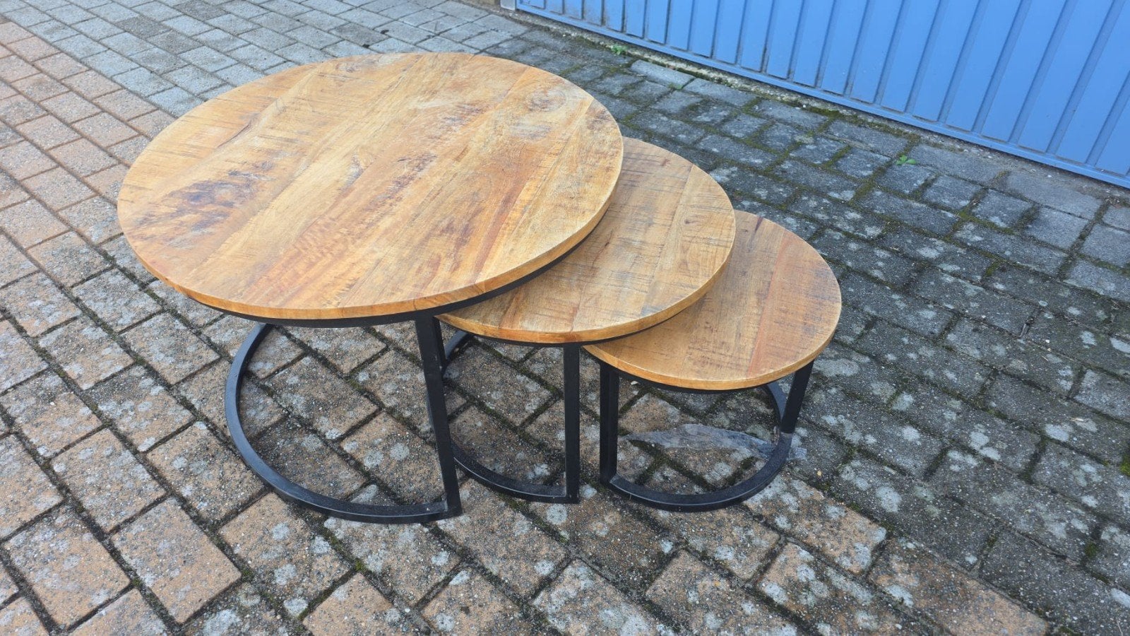 Set van 3 ronde salontafels - Mangohout en Metaal, 50 – 75, 50 tot 100 cm, Industrieel, Modern, Scandinavisch, Rond