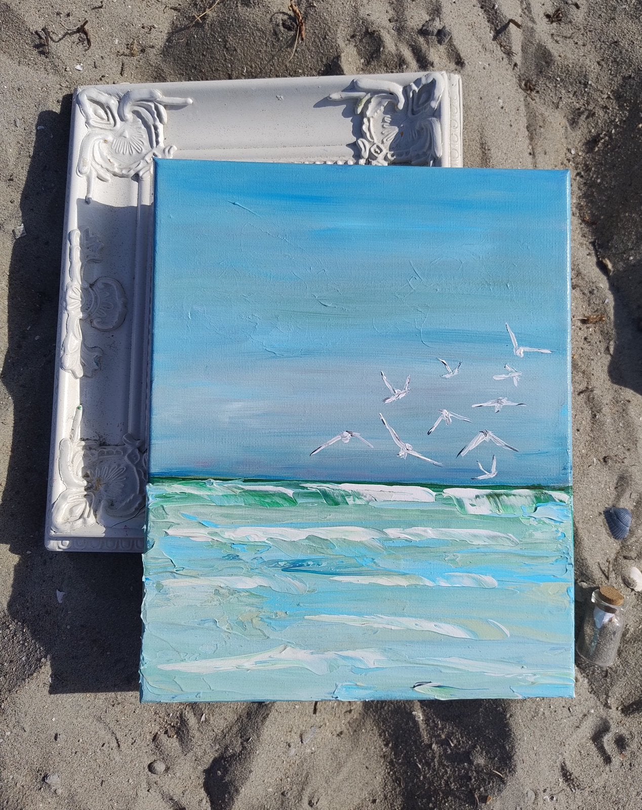 Zee, meeuwen, aan de kust, schilderij, atelier, Ophalen of Verzenden, Zo goed als nieuw, Schilderij