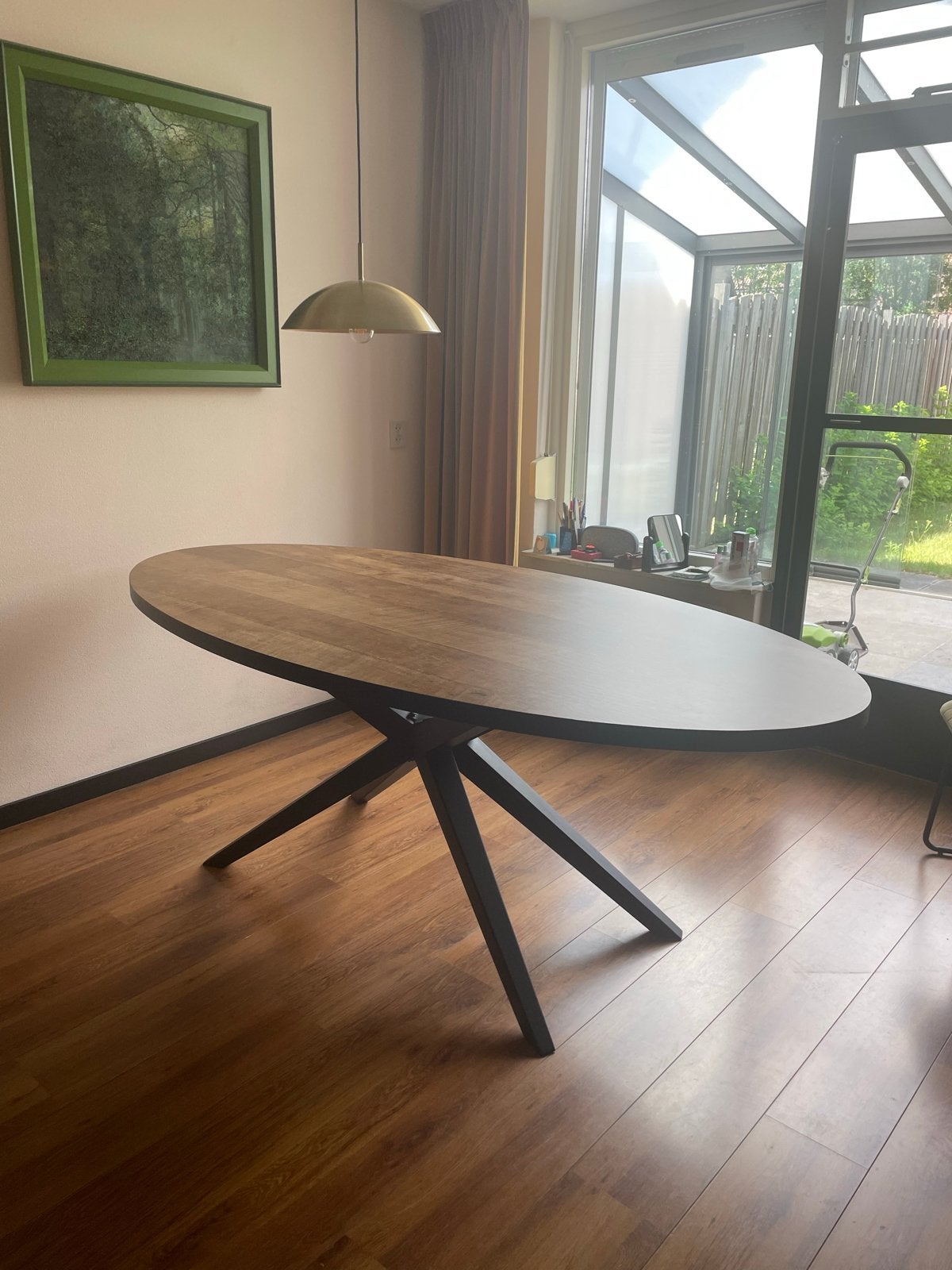 Ovalen eettafel met metalen onderstel 102x200cm, Ophalen, Gebruikt, 100 tot 150 cm, Teakhout