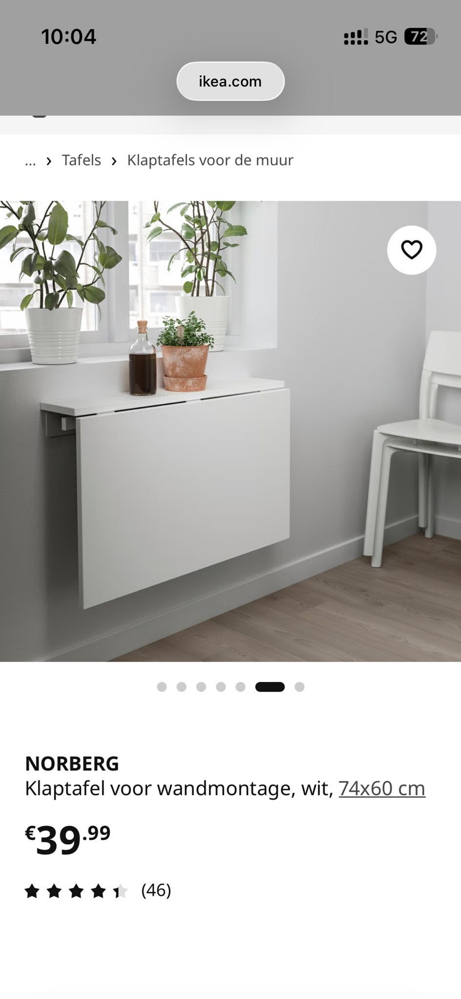 IKEA NORBERG Klaptafel voor wandmontage, wit, 74x60 cm, Ophalen, Overige materialen, Gebruikt, Tot twee personen