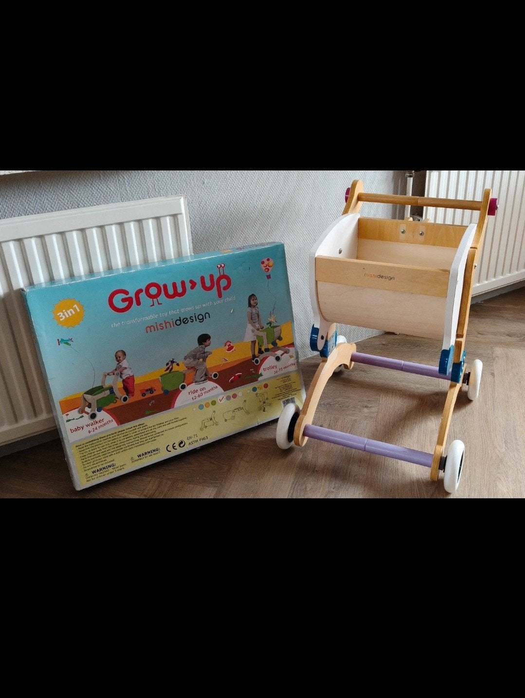 Mishidesign Grow-up 3-in-1 houten loopwagen en trolley met d, Ophalen, Zo goed als nieuw