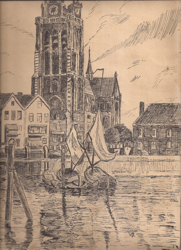 Schipper, M.B. - Dordrecht Groote Kerk met Bomkade 1930 pent, Antiek en Kunst, Ophalen of Verzenden, Gesigneerd