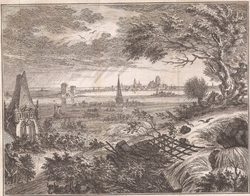 Doorbraak der groote Zuidhollandsche Waard, in 't Jaar 1421, 19 cm, Ophalen of Verzenden, Gravure, 15 cm