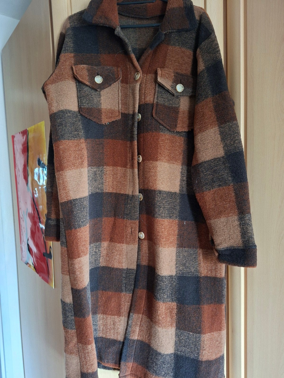 Lange geruite jas/shacket - Maat L, Ophalen of Verzenden, Zo goed als nieuw, Maat 42/44 (L), Bruin