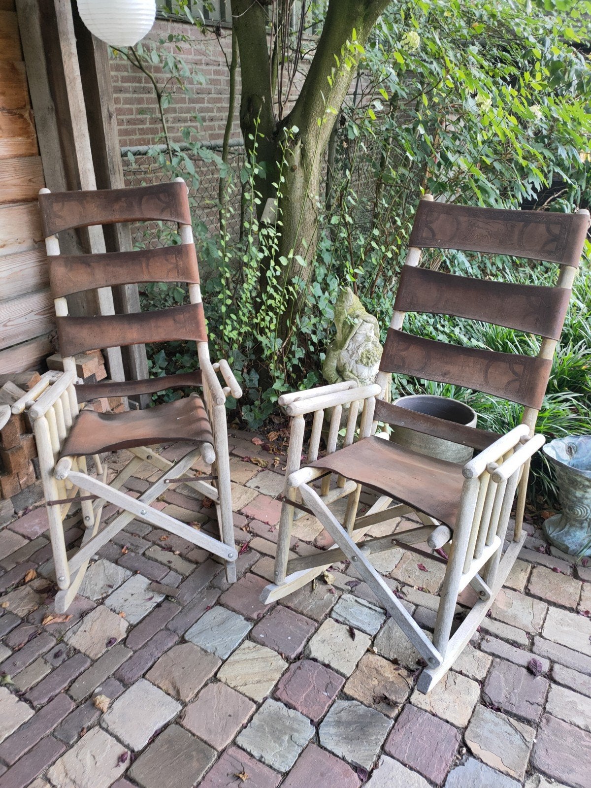 Set van 2 vintage houten Costaricaanse schommelstoelen met l, Ophalen of Verzenden