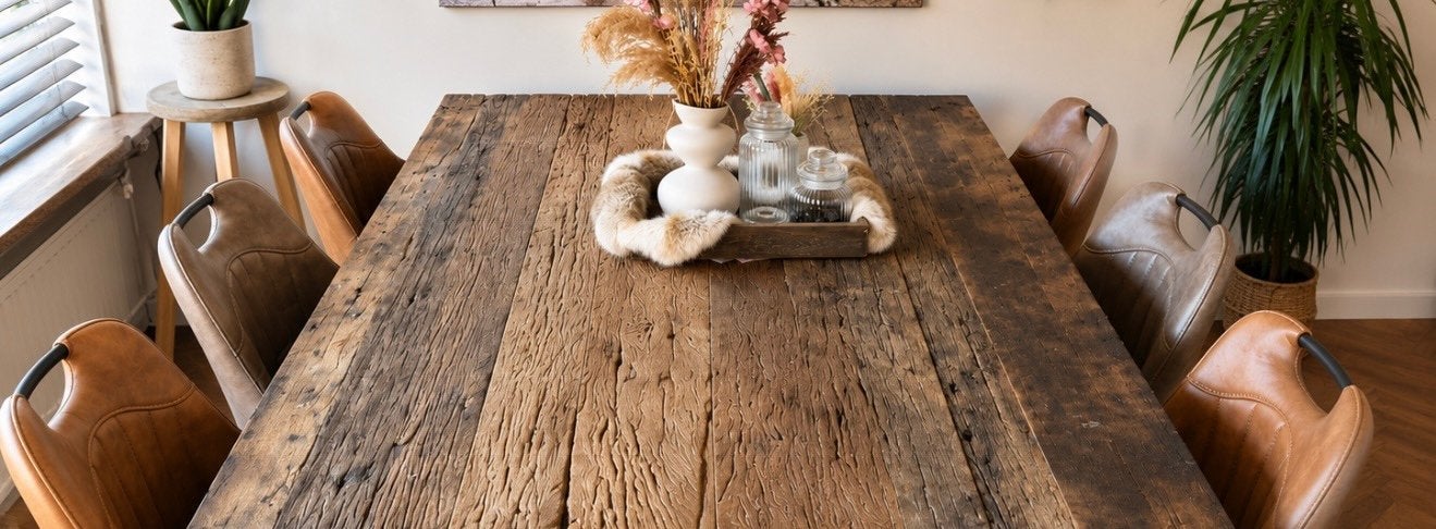 Robuuste houten eettafel en salontafel met metalen onderstel, Ophalen, Gebruikt, 50 tot 100 cm, 150 tot 200 cm