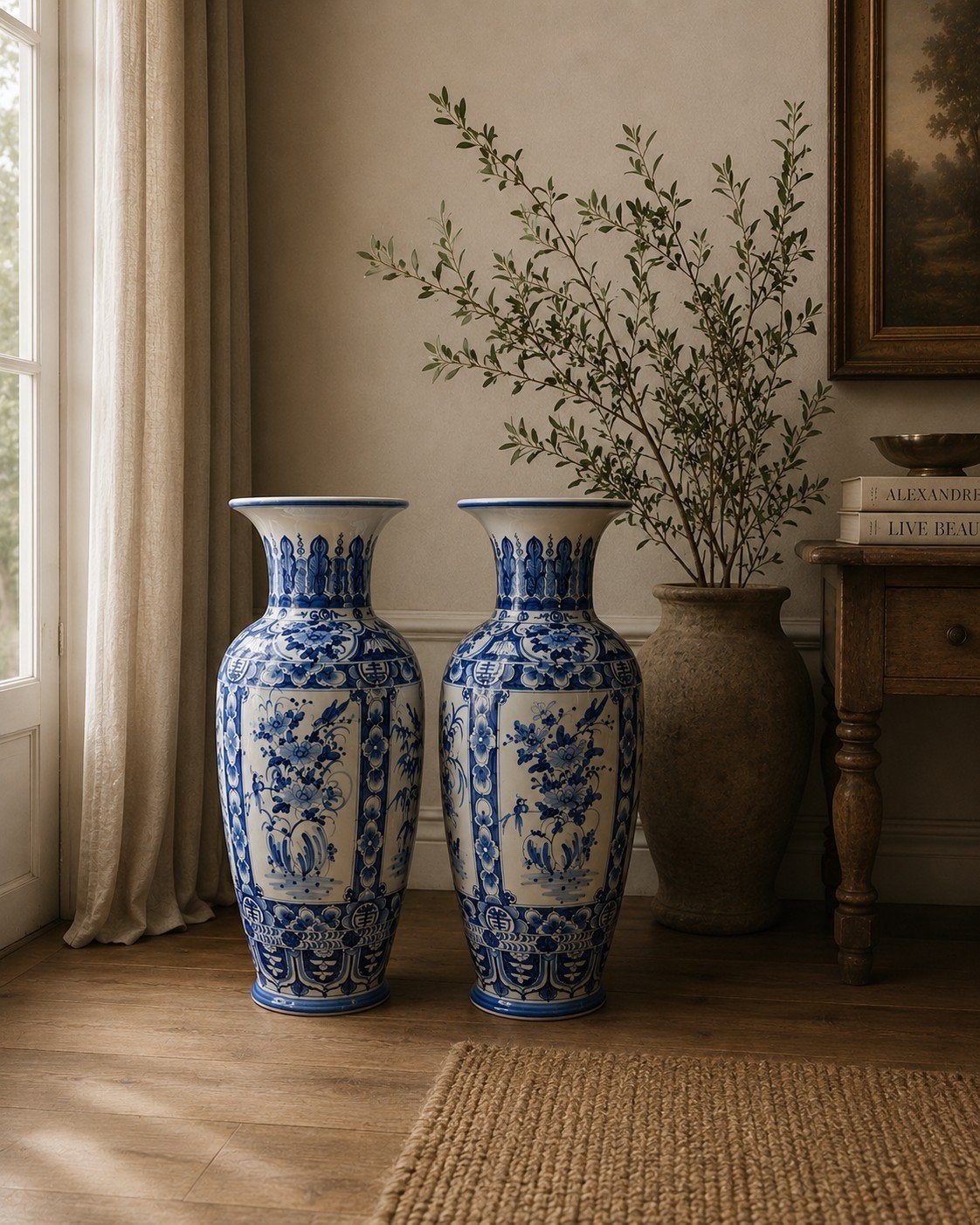 Set van 2 vloervazen, vaas XXL, blauw wit Chinees/ Aziatisch, Huis en Inrichting, Woonaccessoires | Vazen, Ophalen, Blauw, Zo goed als nieuw
