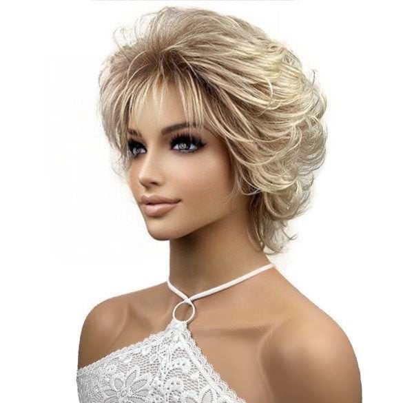 Vlot model pruik blond kort met lichtblonde plukjes, Verzenden, Nieuw, Pruik of Haarverlenging