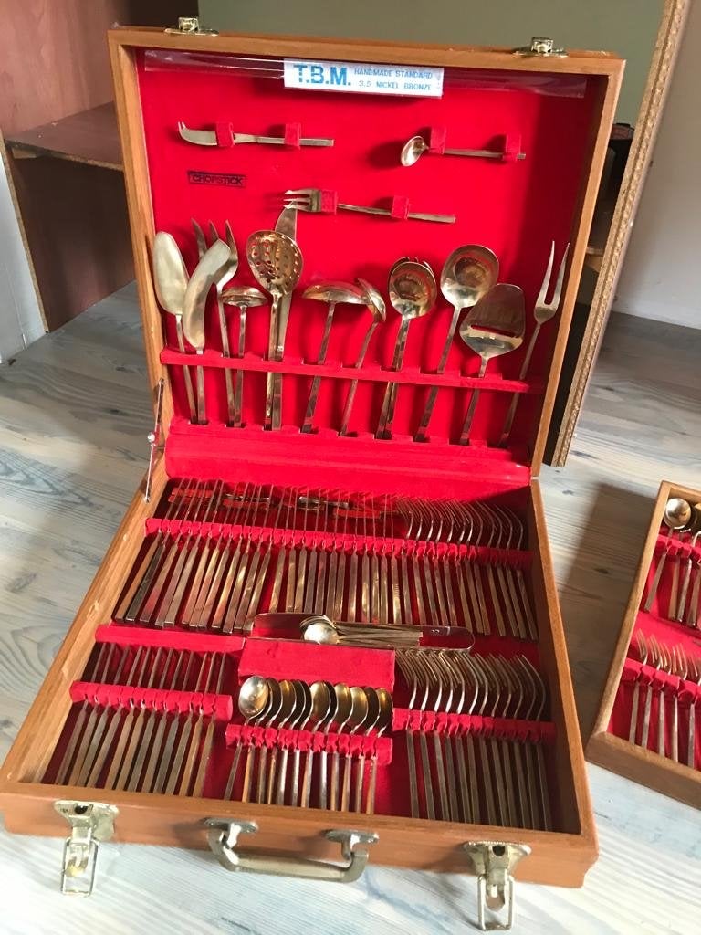 Vintage Bestekset in Houten Kist - T.B.M. 23/24 Karaat Vergu, Ophalen