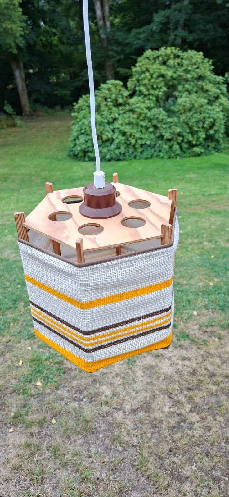 vintage geel wit bruin jaren 70 stoffen lamp, retro,, Ophalen of Verzenden, Hout