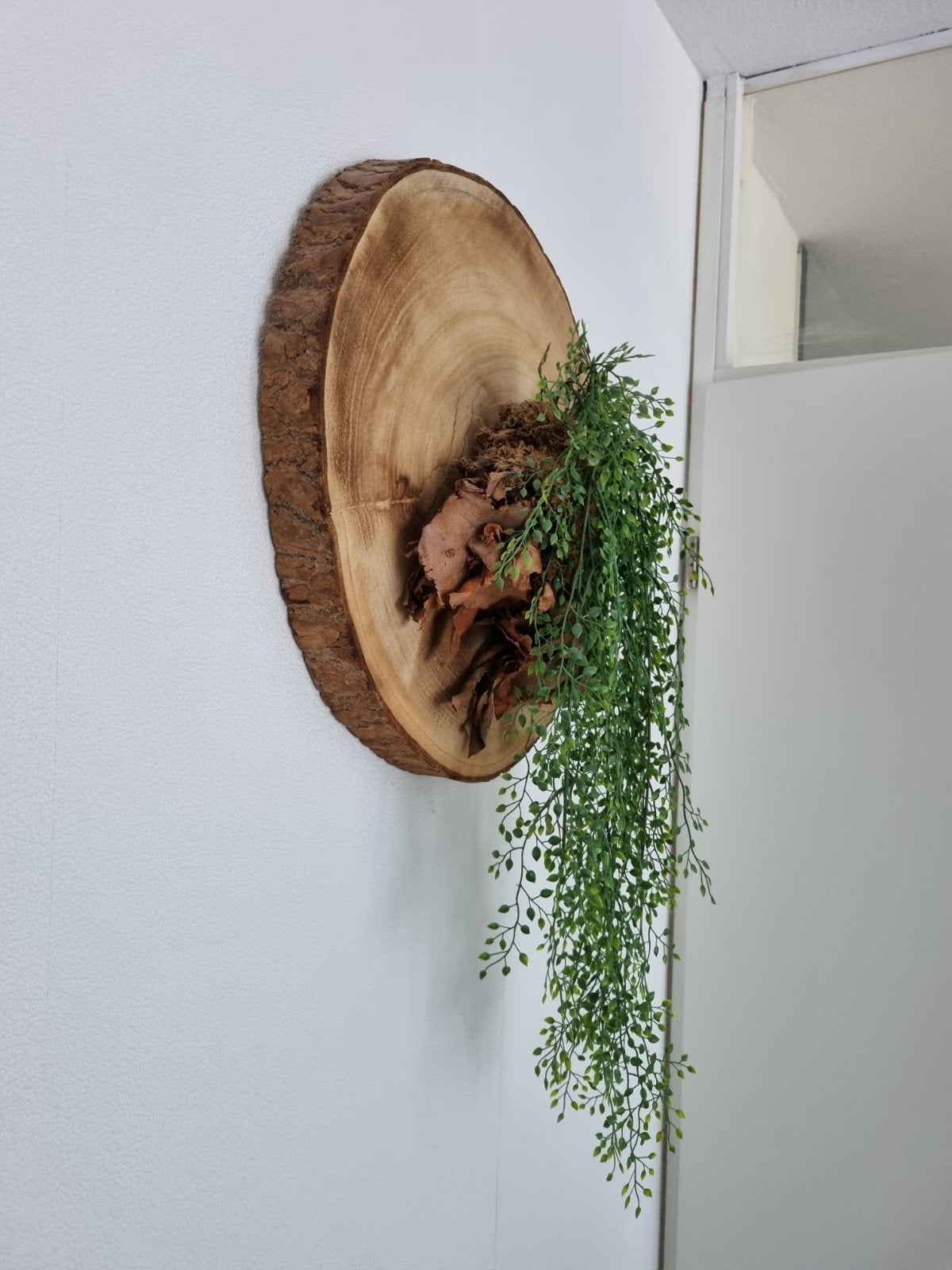 Houten boomstam wanddecoratie/muurdecoratie met groen, Ophalen, Hout, Zo goed als nieuw, 45 cm