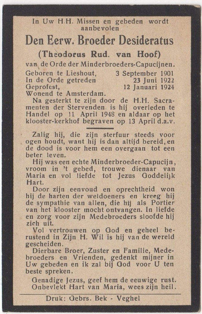 broeder Theodorus R. van Hoof 1901 Lieshout + 1948 Handel, Verzamelen, Ophalen of Verzenden