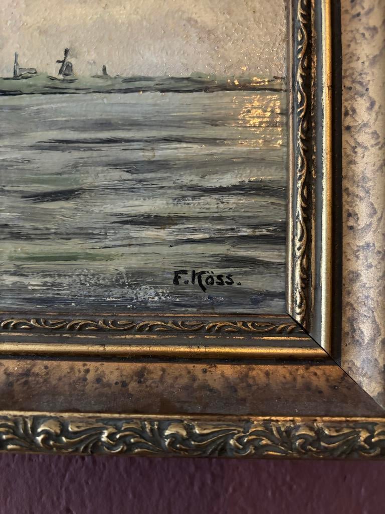 Schilderij F. Köss met boot en molens, Ophalen